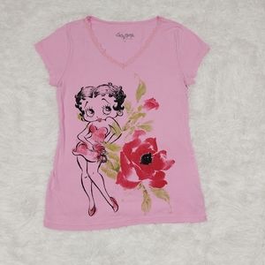 🔥3/$15 BETTY BOOP PINK V-NECK SHIRT SIZE MEDIUM